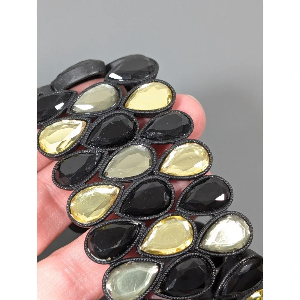 Black Yellow Teardrop Rhinestone Wide‎ Stretch Statement Bracelet